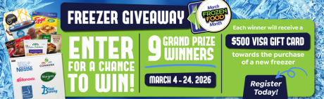 March FROZEN FOOD Month FREEZER GIVEAWAY: 9 Grand Prize Winners. Enter for your chance to win a $500 VISA GIFT CARD towards the purchase of a new freezer.